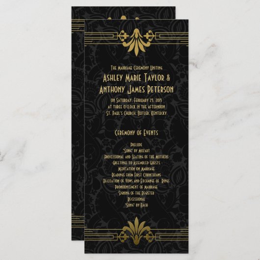 Zwart Goud Roaring 20s Art Deco Trouwprogramma Programma (Voorkant / Achterkant)