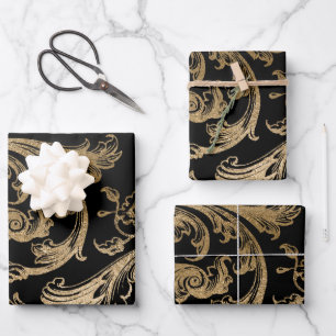 Zwart Goud Rococo Barok Swirl Inpakpapier Vel