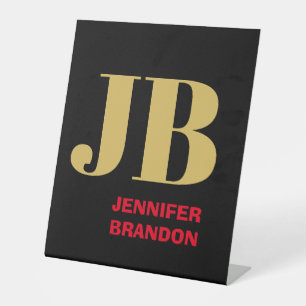 Zwart Goud Rode Kleuren Monogram Voeg Naam Toe Reclamebord Met Voetstuk