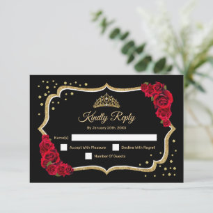 Zwart Goud Rood Quinceanera RSVP Kaartje