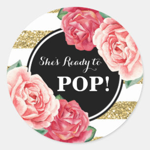Zwart Goud Roze Bloemen Baby shower Klaar voor Pop Ronde Sticker