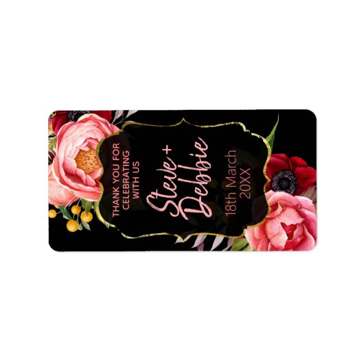 Zwart Goud Roze Bloemen Bruiloft Lip Balm Labels (Voorkant)