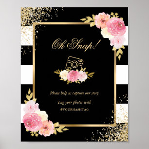 Zwart Goud Roze Bloemen Huwelijk Social Media Sign Poster