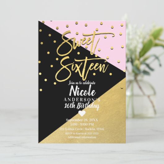 Zwart Goud & Roze Modern Script Sweet 16 Sixteen Kaart (Staand voorkant)