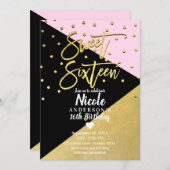 Zwart Goud & Roze Modern Script Sweet 16 Sixteen Kaart (Voorkant / Achterkant)