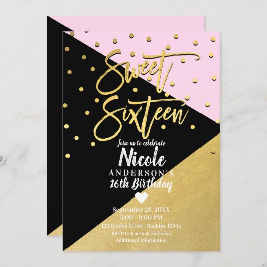 Zwart Goud & Roze Modern Script Sweet 16 Sixteen Kaart (Voorkant / Achterkant)