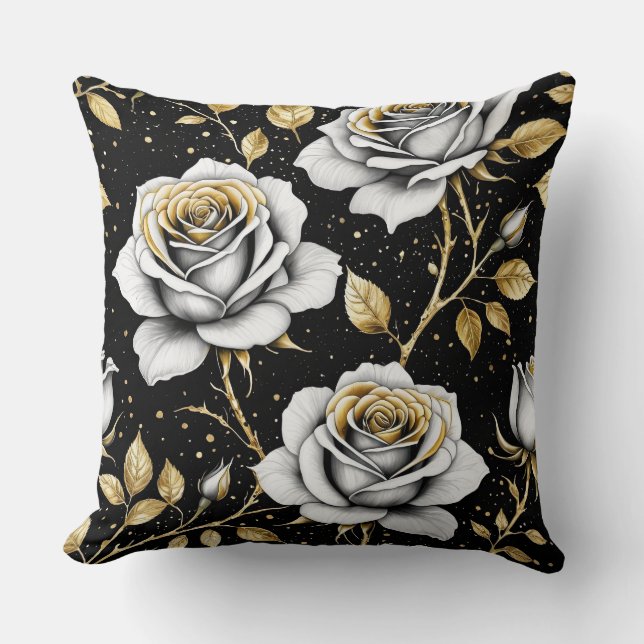 Zwart Goud Rozen met spatten Kussen (Voorkant)