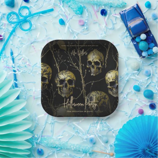 Zwart Goud Schedel Modern Volwassen Halloween Part Papieren Bordje (Feest)