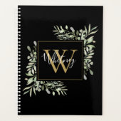 Zwart Goud Schrift Monogram Groene Bloemen Planner (Voorkant)