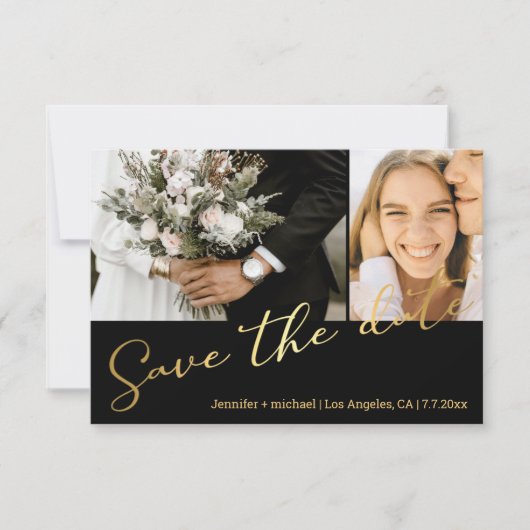 Zwart Goud Script 2 Foto Sla de datumkaart op Notitiekaartje (Voorkant)