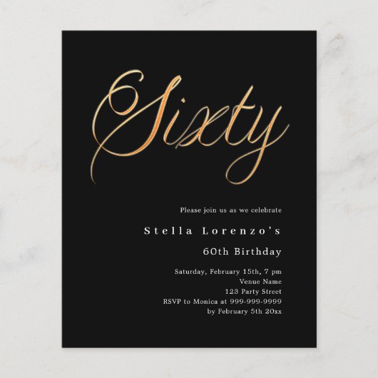 Zwart goud script budget 60e verjaardag uitnodigin (Voorkant)
