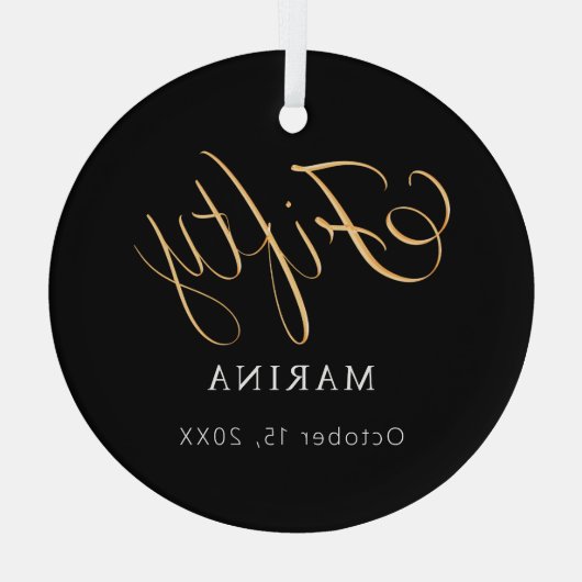 Zwart goud script naam 50e verjaardag glas ornament (Achterkant)