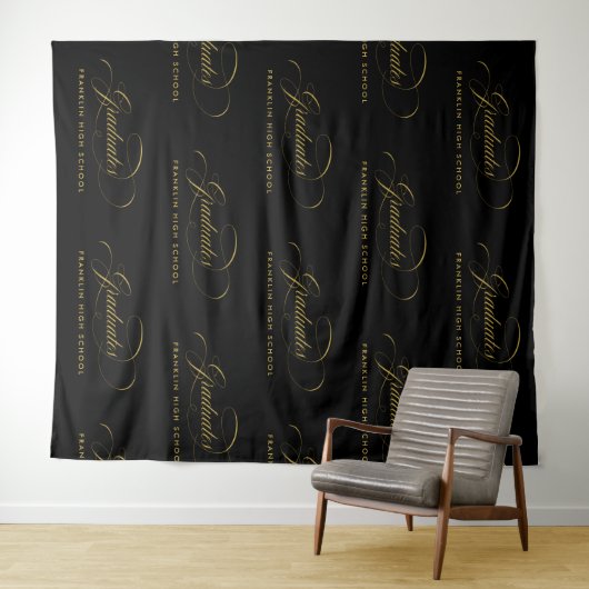 Zwart & Goud Script Stap & Herhaal Afstuderen Wandkleed (In Situ (horizontaal))