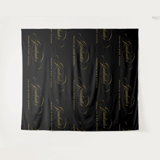 Zwart & Goud Script Stap & Herhaal Afstuderen Wandkleed (Voorkant (horizontaal))