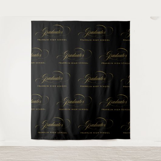 Zwart & Goud Script Stap & Herhaal Afstuderen Wandkleed (Voorkant)