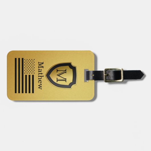 Zwart Goud Shield USA Vlag Monogram Naam Manly Bagagelabel (Voorkant horizontaal)