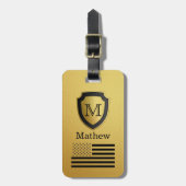 Zwart Goud Shield USA Vlag Monogram Naam Manly Bagagelabel (Voorkant verticaal)
