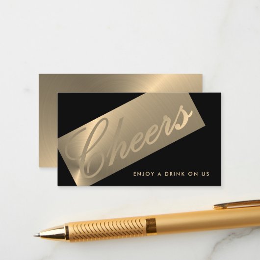 Zwart & Goud Stijlvol Script "Proost" Drink Ticket Informatiekaartje (Voorkant / Achterkant in situ)
