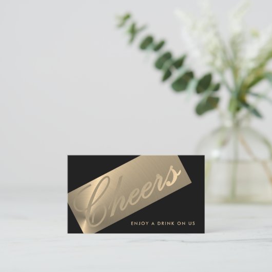 Zwart & Goud Stijlvol Script "Proost" Drink Ticket Informatiekaartje (Staand voorkant)