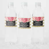 Zwart Goud Strepen Roze Bloemen Baby shower Waterfles Etiket (Flessen)