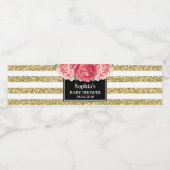 Zwart Goud Strepen Roze Bloemen Baby shower Waterfles Etiket (Enkel label)