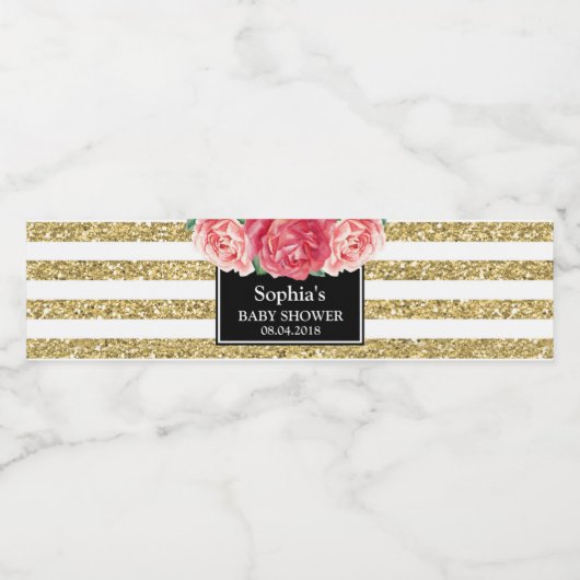Zwart Goud Strepen Roze Bloemen Baby shower Waterfles Etiket (Enkel label)