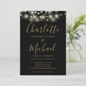 Zwart Goud String Lights Script Foto Bruiloft Kaart (Staand voorkant)