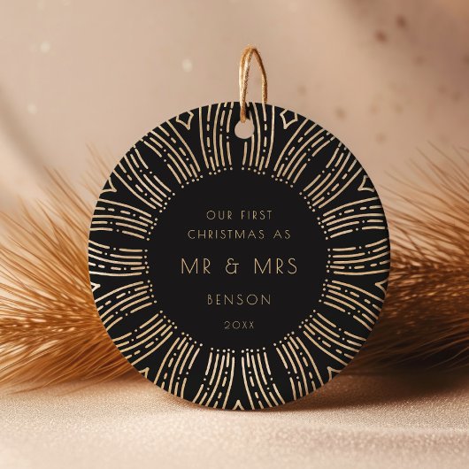 Zwart & Goud Sunburst Art Deco Onze eerste kerst Keramisch Ornament