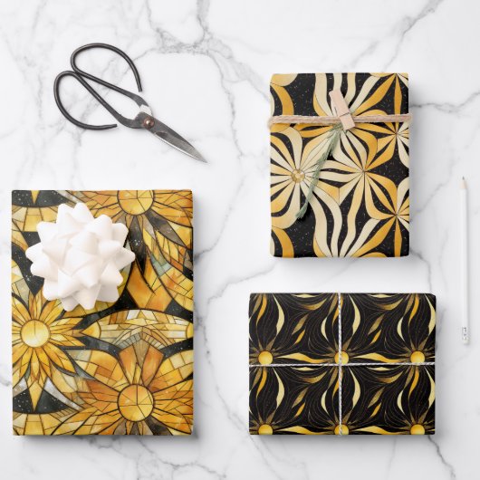 Zwart & Goud Sunburst Wrapping Paper Flat Set van  (Voorkant)