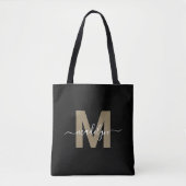 Zwart Goud Trendy Modern Script Naam Monogram Draagtas (Voorkant)