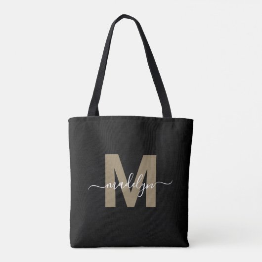 Zwart Goud Trendy Modern Script Naam Monogram Draagtas (Achterkant)