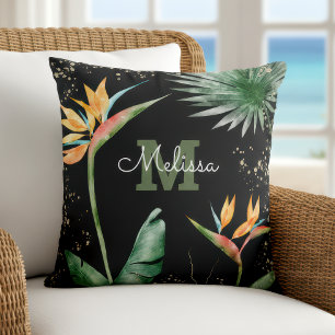 Zwart Goud Tropisch Eiland Bloemen Monogram Script Kussen