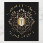 Zwart Goud Verpleegster Afstuderen Caduceus Symboo Wijn Etiket (Enkel label)