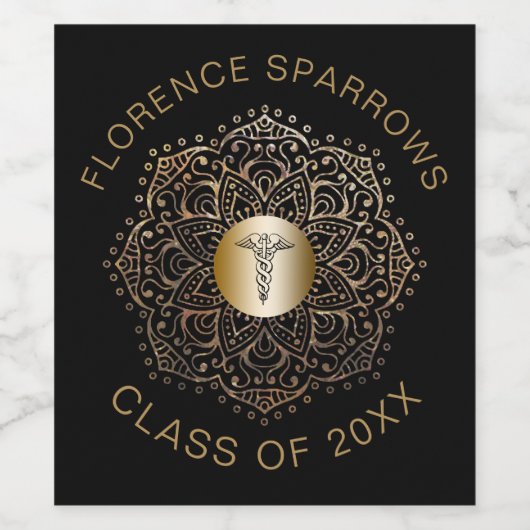 Zwart Goud Verpleegster Afstuderen Caduceus Symboo Wijn Etiket (Enkel label)