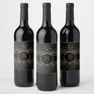 Zwart & Goud Versierd Gotisch Weinlabel met Monogr Wijn Etiket