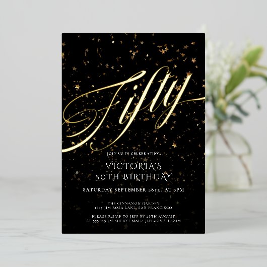 Zwart Goud Vijftig Elegant Confetti 50ste Verjaard Folie Uitnodiging (Staand Voorkant)