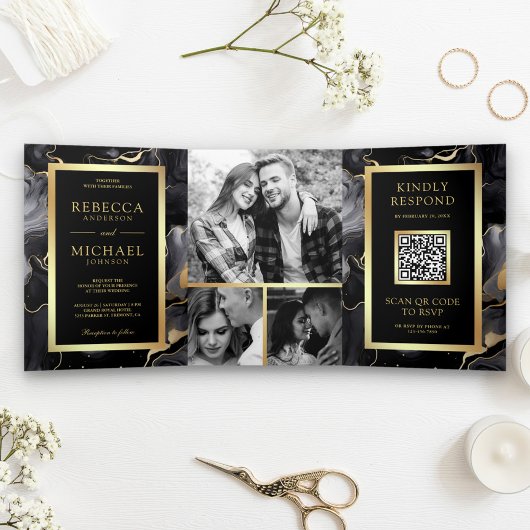Zwart Goud Vloeibare Inkt QR Code Bruiloft Drieluik Uitnodiging
