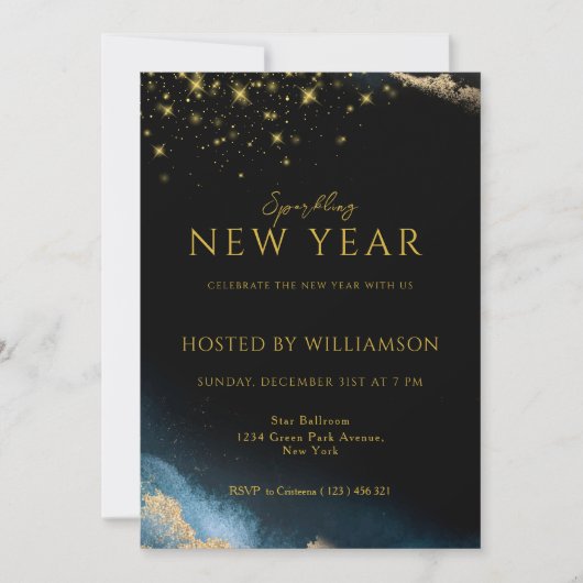 Zwart Goud | Waterverf Glanzend Nieuwjaarsfeest Feestdagenkaart (Voorkant)