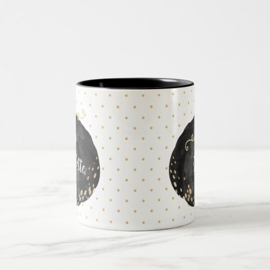 Zwart & Goud Waterverf Monogram Pompoen Halloween Tweekleurige Koffiemok (Center)