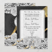 Zwart goud wit kant monogram bruiloft kaart (Voorkant / Achterkant)