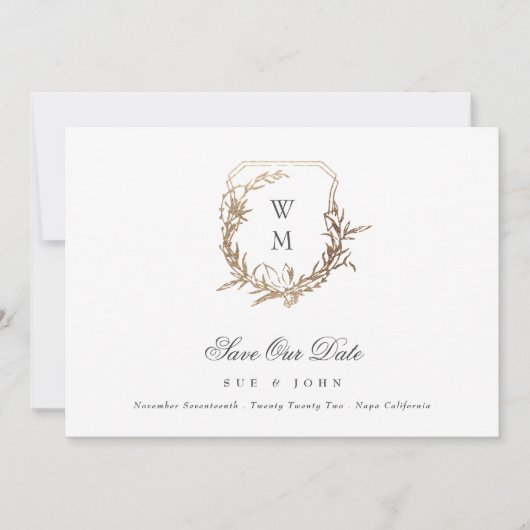 Zwart Goud Wit Klassiek Monogram Crest Foto Save The Date (Voorkant)
