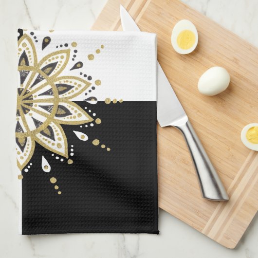 Zwart goud & wit mandala geometrisch ontwerp 2a theedoek (Quarter Fold)