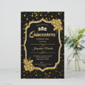 Zwart Goud & Wit Quinceañera Verjaardagsuitnodigin Briefpapier (Staand voorkant)