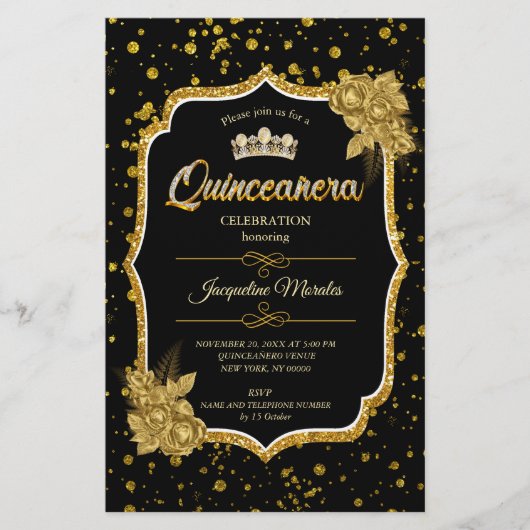 Zwart Goud & Wit Quinceañera Verjaardagsuitnodigin Briefpapier (Voorkant)