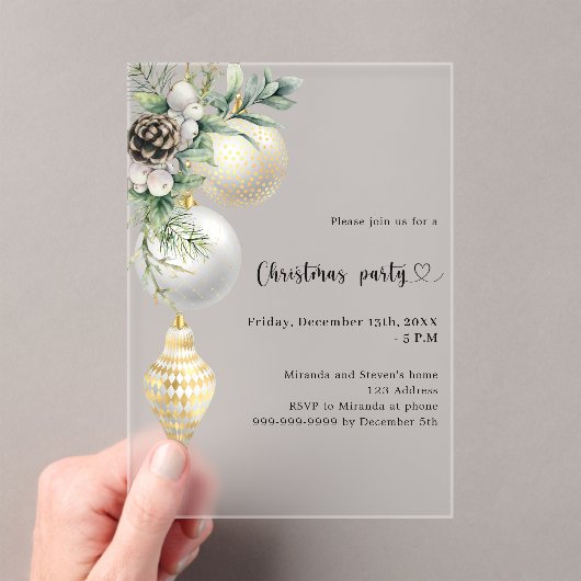 Zwart goud witte kerstballen Kerstfeest bevroren Acryl Uitnodigingen (Insitu (Draagbaar))