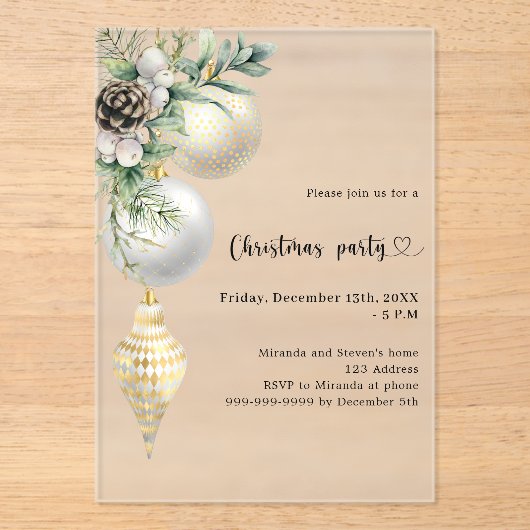 Zwart goud witte kerstballen Kerstfeest bevroren Acryl Uitnodigingen (Voorkant)