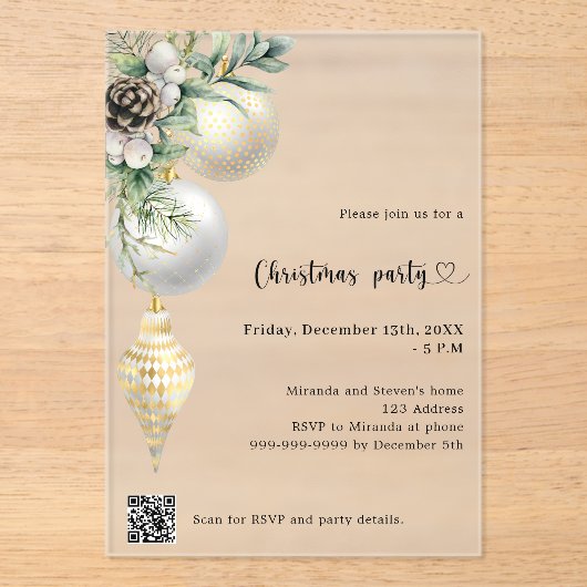 Zwart goud witte kerstballen QR code kerstfeest Acryl Uitnodigingen (Voorkant)