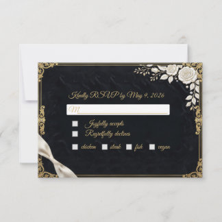 Zwart Goud Witte Roos Luxe Elegante Formeel RSVP Kaartje
