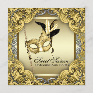 Zwart Goud Zilver Sweet Sixteen Masquerade Party Kaart