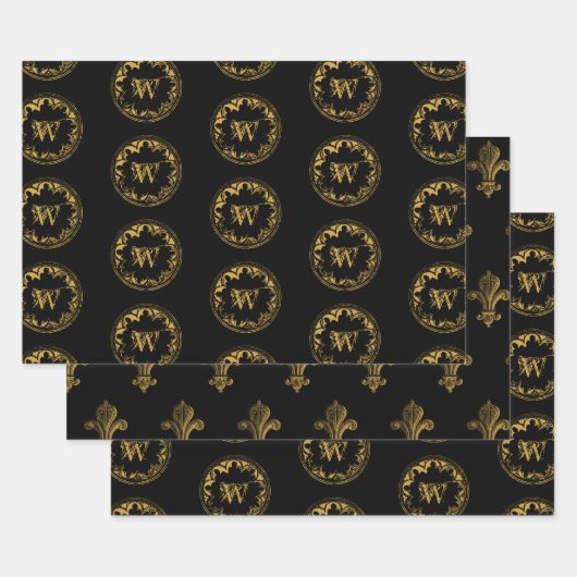 Zwart & goudbijtend  monogram inpakpapier vel (Set)